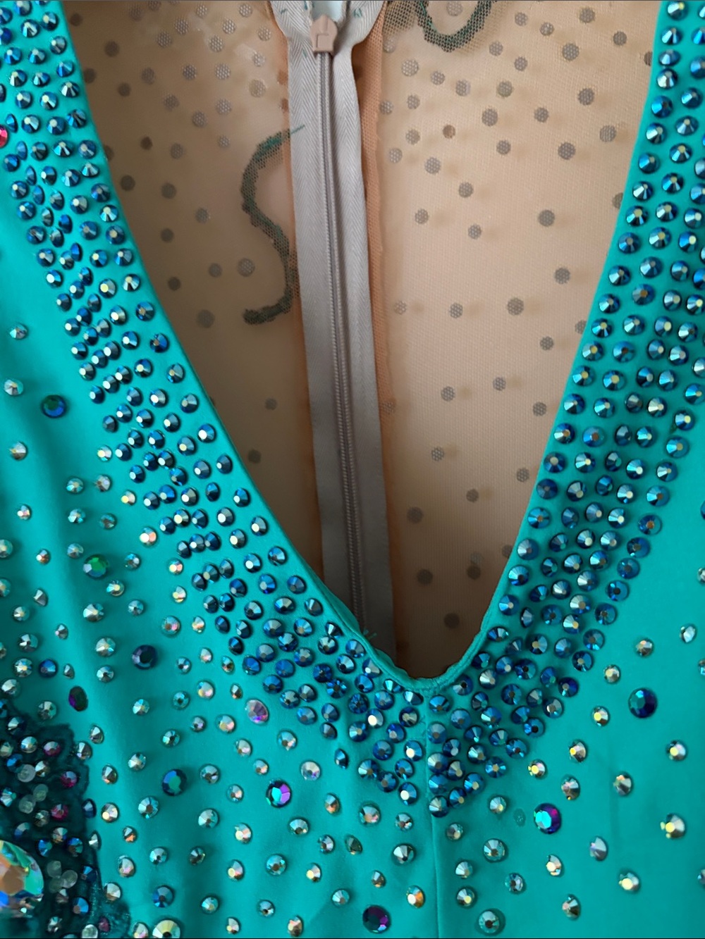 Turquoise Long Sleeve Ballroom Dress with Nude Illusion and Crystal Trim - Picture 4 of 11